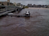 The North Quay ferry terminal verges on breaking as flood waters rise and currents get much stronger